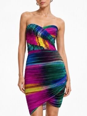 SHOSHANNA 100% Silk Strapless Multicolor Ruched Dress